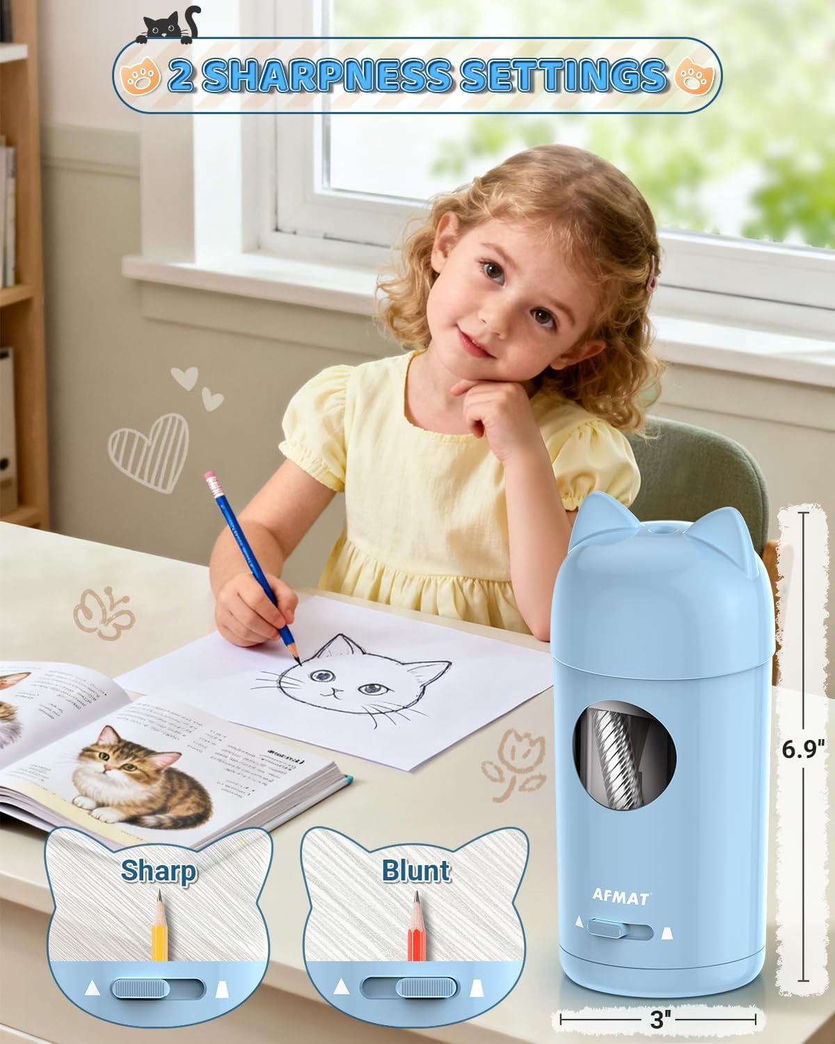 AFMAT Electric Pencil Sharpener, Fully Automatic Pencil Sharpener, Auto in & Out, for φ7-8mm No.2/Colored Pencils, Rechargeable & Cordless, Cute Cat Pencil Sharpeners for Classroom Home