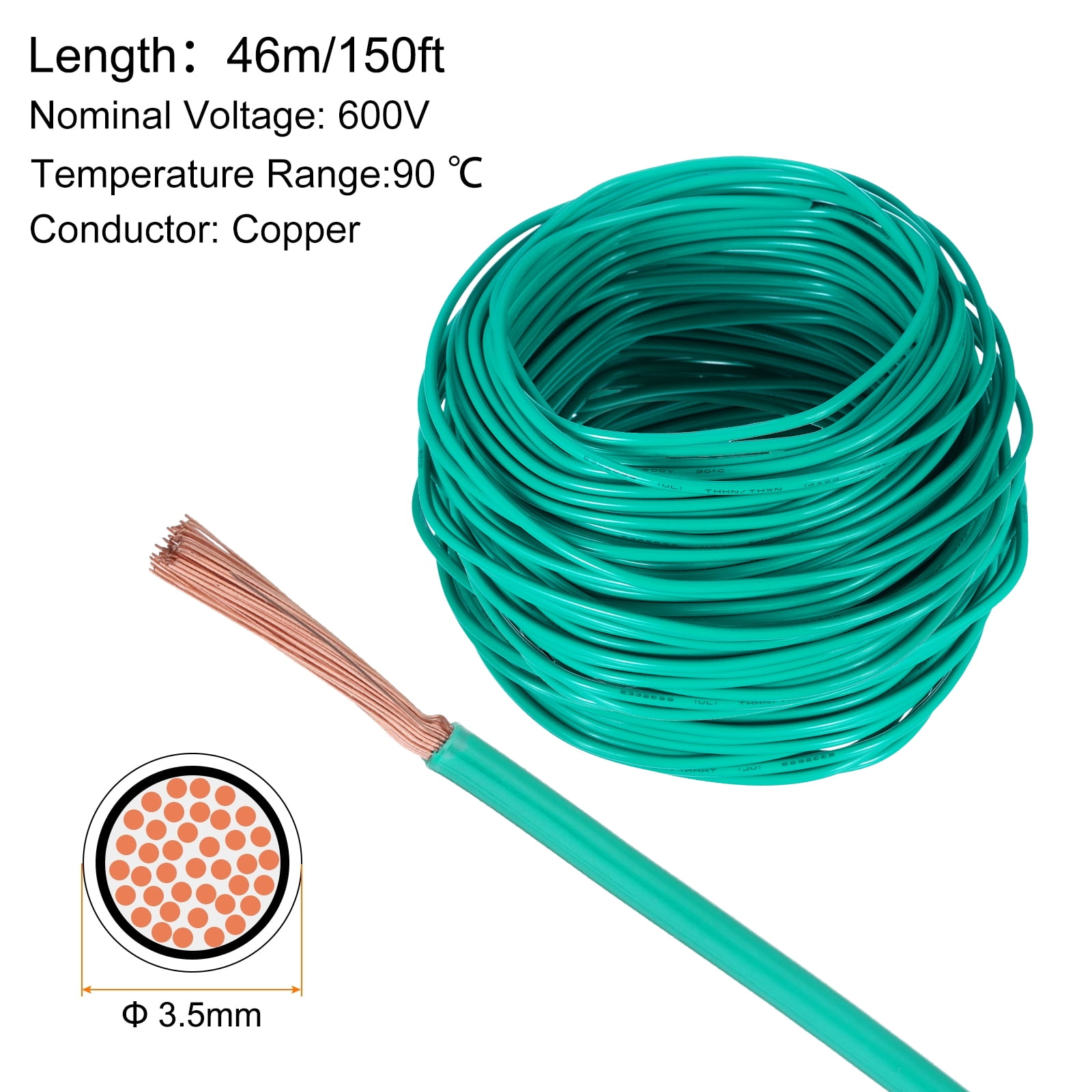 150 Feet Electrical Wire Insulated Stranded Copper 12 AWG Hook Up Wire Cable Residential, Industrial, Grounding,Green