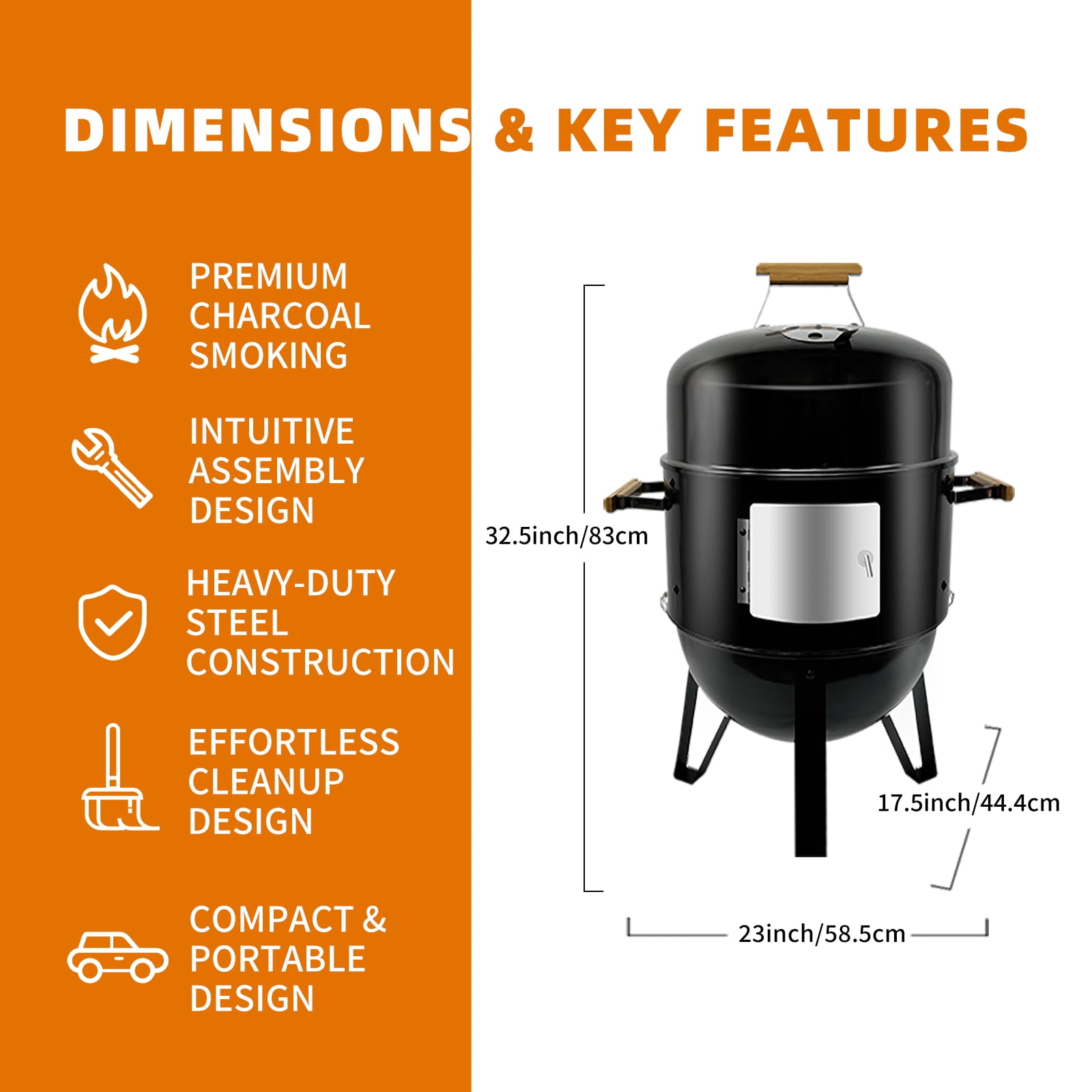 laraVist 17 Inch Vertical Charcoal Smoker Grill Combo with Porcelain-Enameled Coating