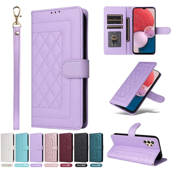 Compatible with Samsung Galaxy A32 4G Case, Premium Leather Wallet Book Case Magnetic Flip RFID Blocking Credit Card Holder Kickstand with Wrist Strap Shock Absorbing Case, Purple