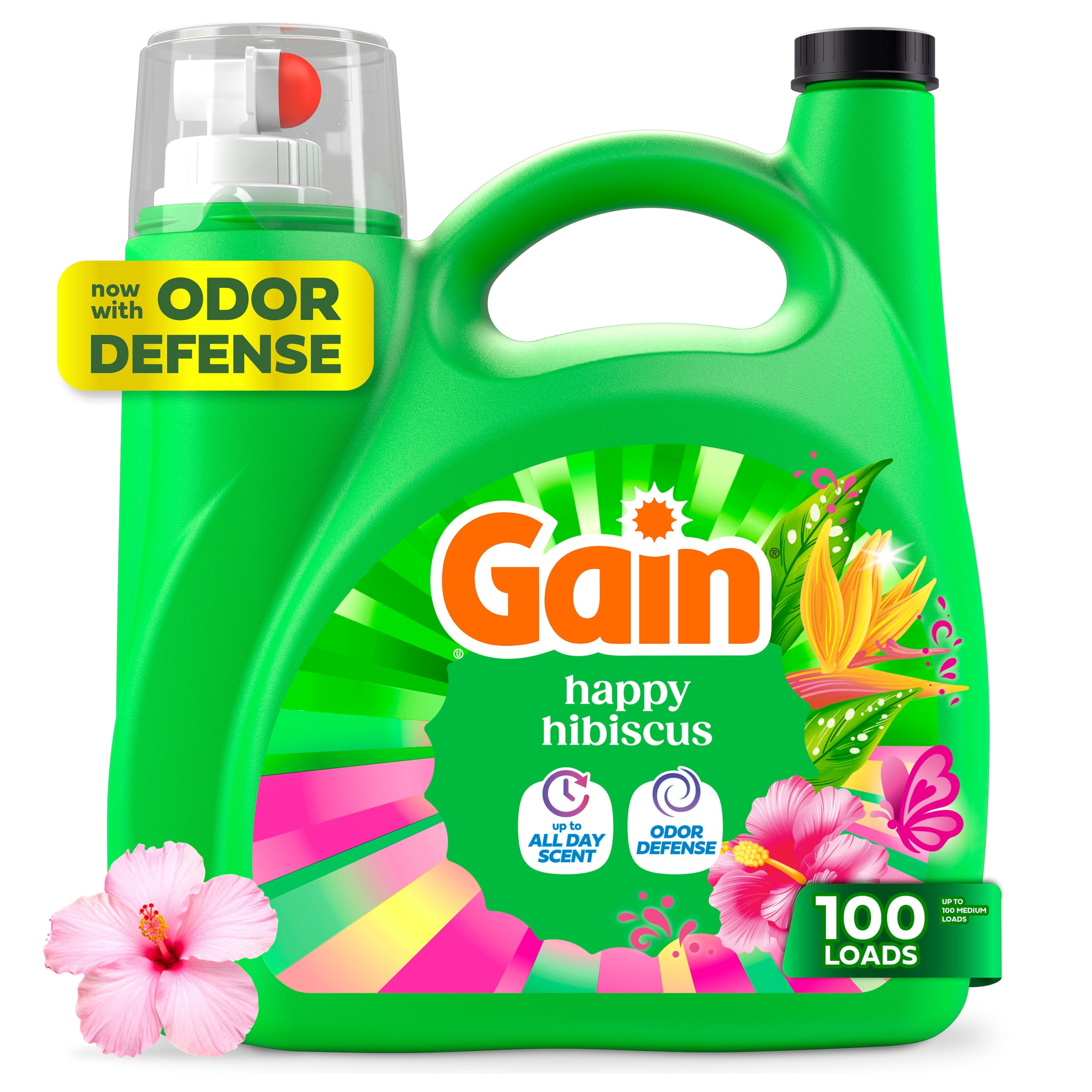 (4 pack) Gain Laundry Detergent Liquid, Now with Odor Defense, Happy Hibiscus Scent, 132 fl oz, 100 Loads