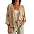 thumbnail image 2 of Women's Oversized 3/4 Sleeve Linen Cardigan Open Front Button Cropped Loose Casual Daily Shirt Tops Khaki Soft Loose Fitting Cardigan for Daily Wear XXL, 2 of 7