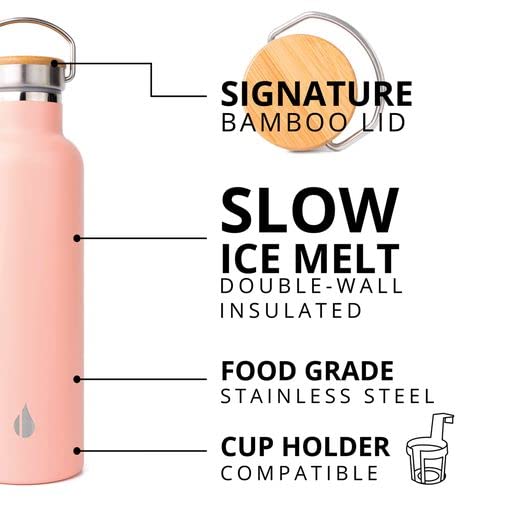 Elemental Classic Insulated Water Bottle, Leak Proof Thermos Water Bottle with Bamboo Lid and Metal Ring, Reusable Insulated Stainless Steel Water Bottle, 25oz - Blush Pink