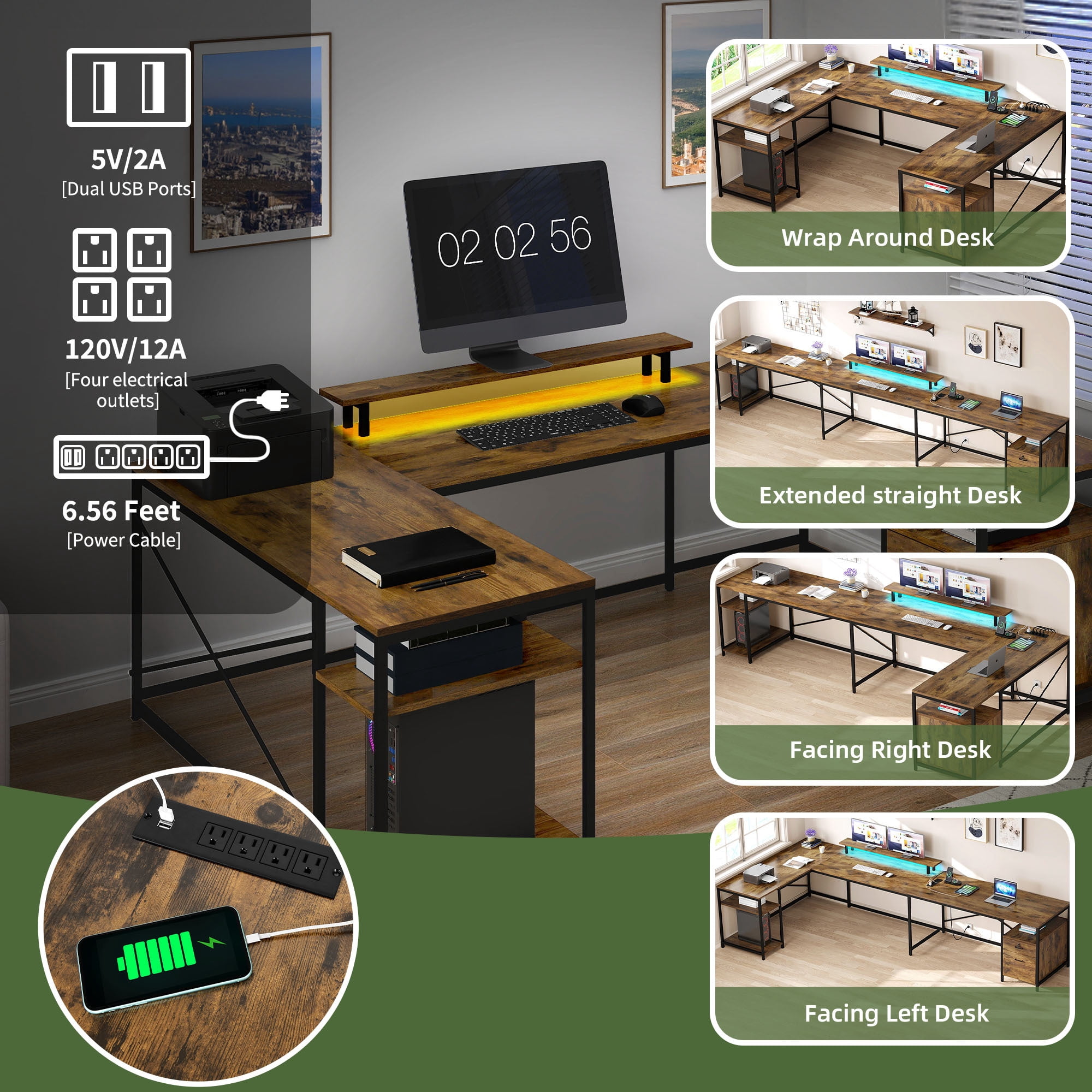 Uforic U Shaped Computer Desk with Power Outlets and LED Lights, Reversible L Shape Desk for Home Office, Brown