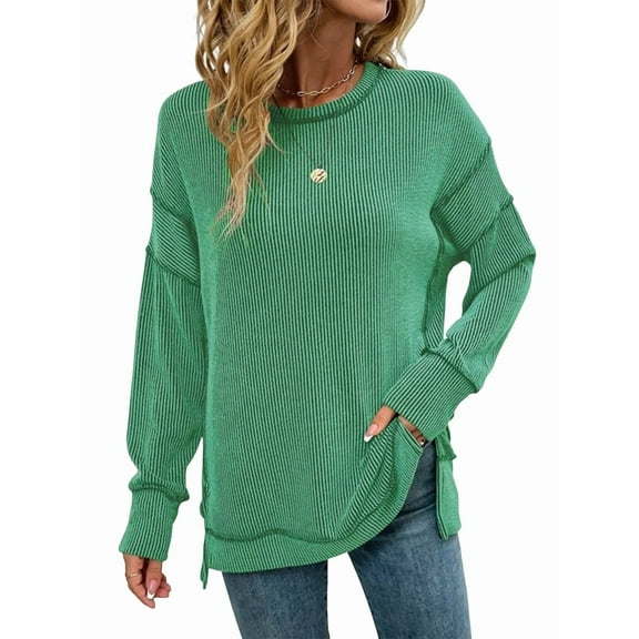 Womens Long Sleeve Tops Ribbed Loose Fit Oversized Sweatshirts with Side Slit High Low Hem Fall Outfits Green L