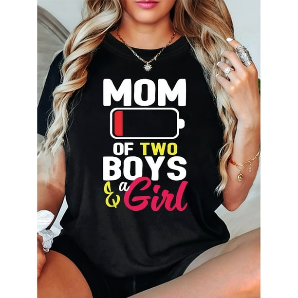 Women's "MOM OF TWO S & a " Graphic T-Shirt - Playful Battery Icon Design, Soft Stretch Crew Neck Casual Top, Machine Washable Spring/Summer Tee for Mothers, Mom Tshirt, Playful Print, Nontransparent