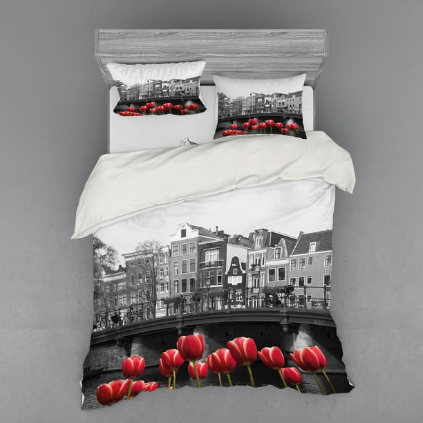 Black and White Duvet Cover Set, Monochrome Photo of Amsterdam Canal