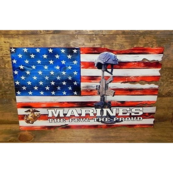 USMC Enlisted "The Few. The Proud." Fallen Battle Cross USA American Flag Metal Wall Sign : 24" x 15"