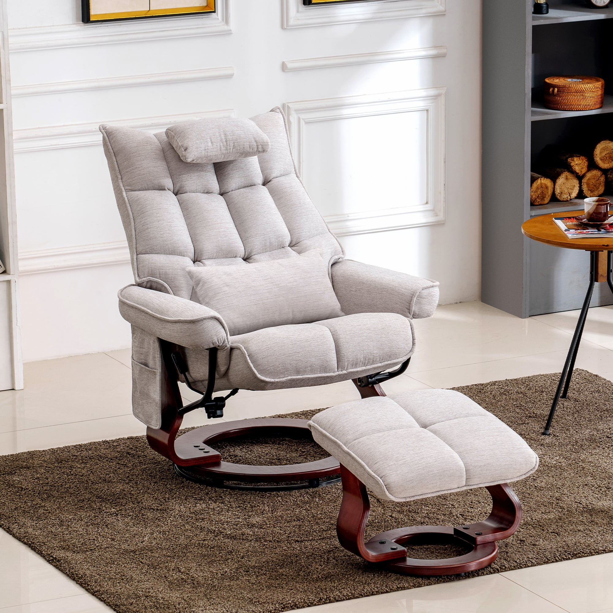 Mcombo Swivel Recliner with Ottoman, Massage TV Chairs with Neck Pillow and Side Pocket for Living Reading Room, Chenille Fabric 4188