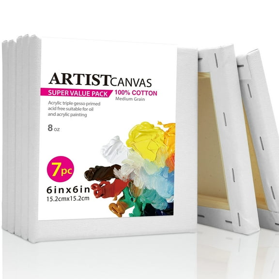 6x6 Inch Small Stretched Canvas for Painting, 7 Pack Triple Primed Cotton White Blank Canvas, Square Framed Art Panels for Oil Acrylic Watercolor & Pouring, White