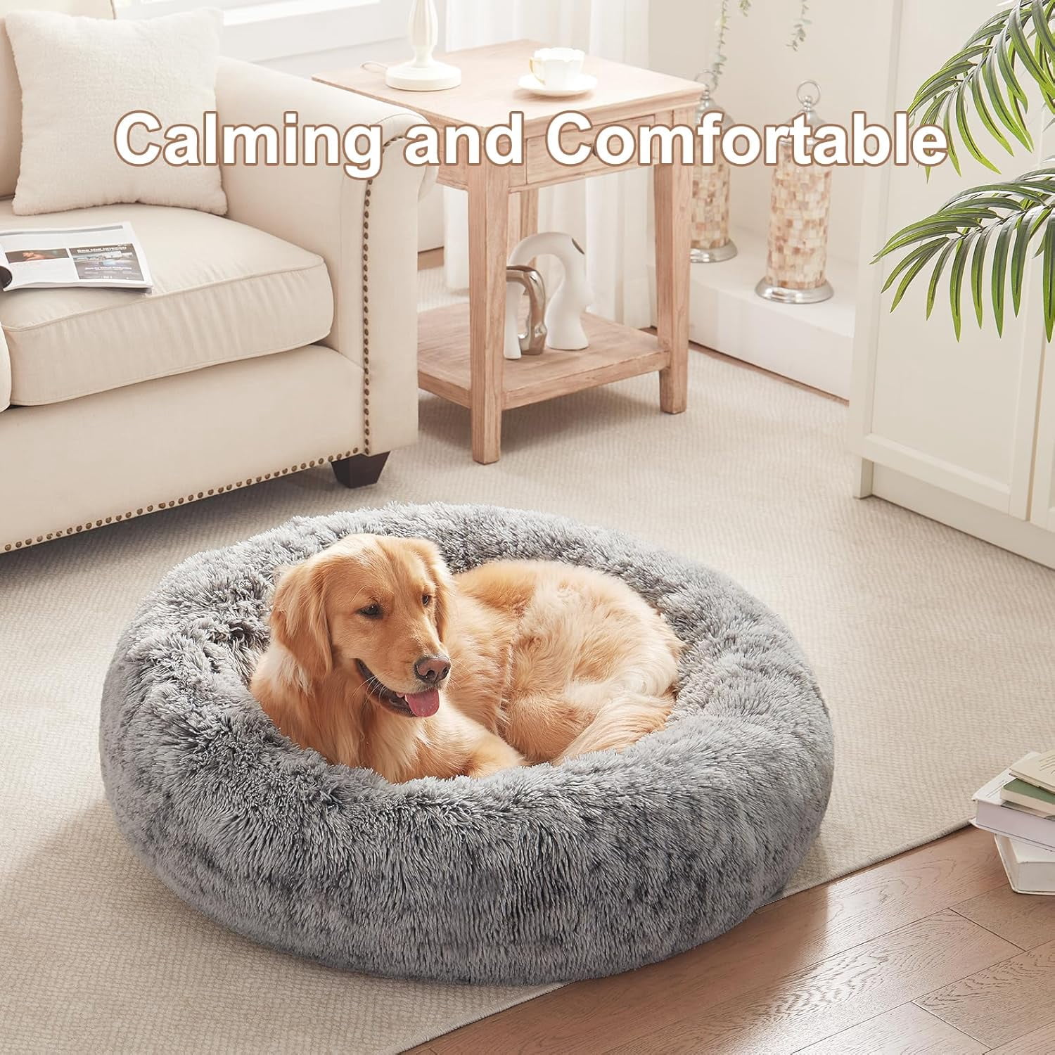 36 inches Donut Dog Bed for Large Dogs -Calming Fluffy Round Pet Bed with Removable & Washable Cover,Fits up to 80 lbs Pets (Brown,Large)