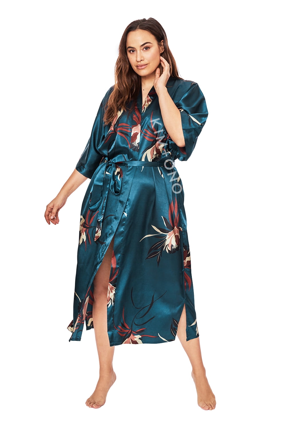 KIM ONO Plus Size Short Kimonos Satin Robe For Women, Plus Size Short Kimonos Satin Robe For Women Plus Size Japanese Robe Womens Kimono Robes Floral Chrysanthemum Crane Peacock