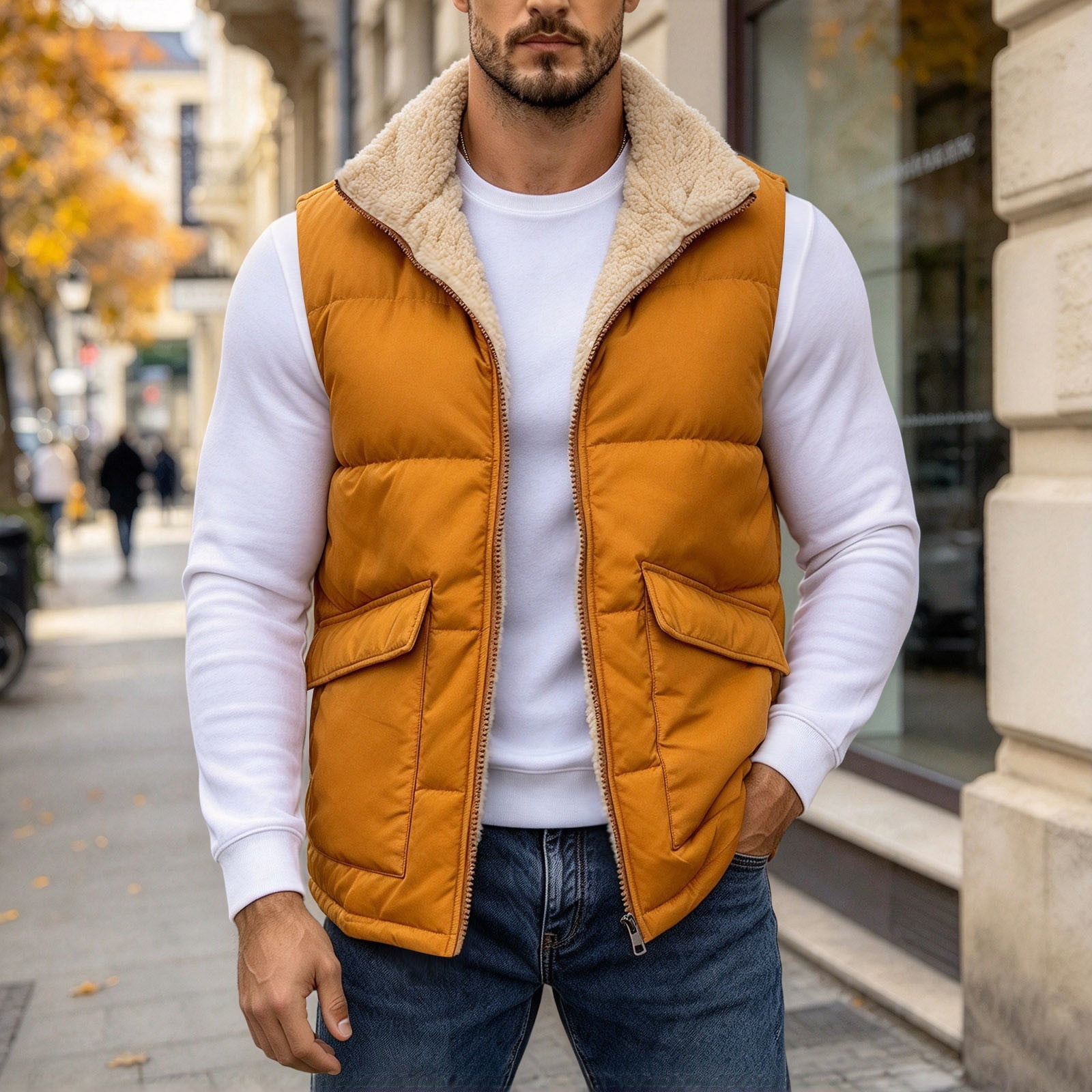 Men s Winter Puffer Vest Outerwear Lined Sleeveless Jacket Insulated Windproof Down Vest Jackets Yellow S