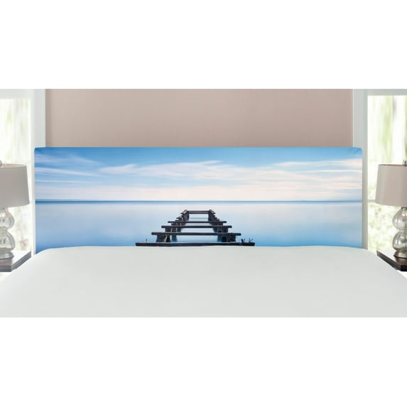 Landscape Headboard, Old Jetty in the Lake with Blue Sky Horizon Landscape Calm Nature Picture, Upholstered Decorative Metal Bed Headboard with Memory Foam, King Size, Blue White Brown, by Ambesonne