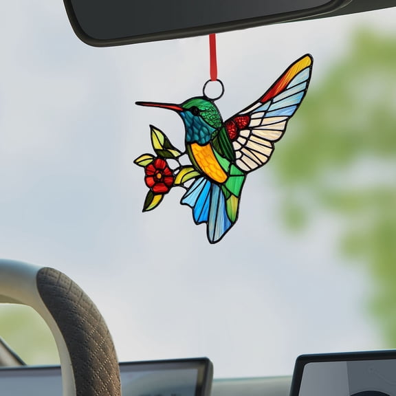Handmade Hummingbird Stained Glass Suncatcher - Colorful Garden Decor Hanging Window Art, Nature-Themed Home Gift with Easy Chain Installation, Vibrant Bird Ornament