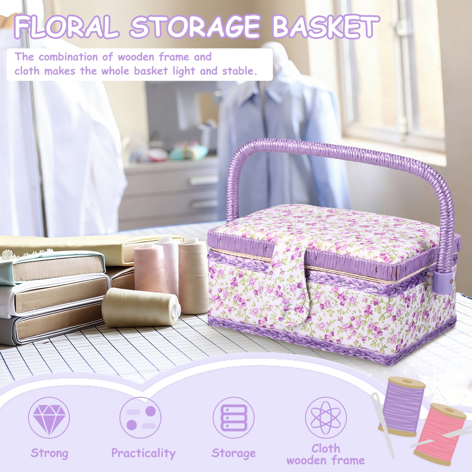 Atopoler Floral Sewing Basket,Vintage Wood Sewing Box with Tray and Handle for Traveling Beginner Professional,No Accessories,Purple Color