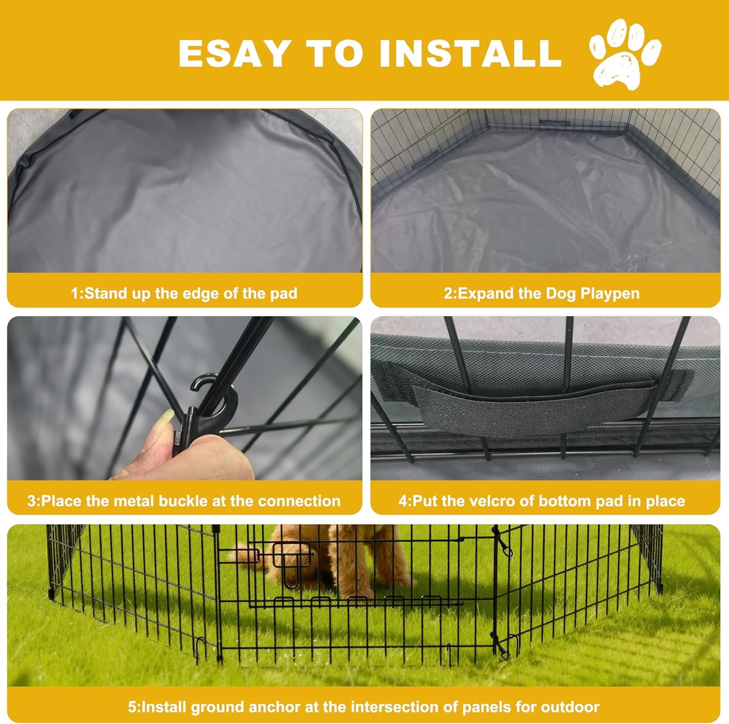 Foldable Dog Playpen, 24x30in 8 Panels Metal Pet Exercise Fence with Botton Pad, Dog Play Pen for Indoor Outdoor, Heavy-Duty Pet Fence Puppy Crate Kennel with Door for Small Medium Pets
