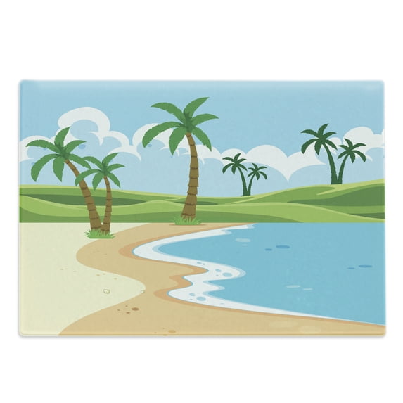 Graphic Beach Cutting Board, Idyllic Tranquil Coast with Grassy Hills and Palm Trees in Cartoon Style, Decorative Tempered Glass Cutting and Serving Board, in 3 Sizes, by Ambesonne