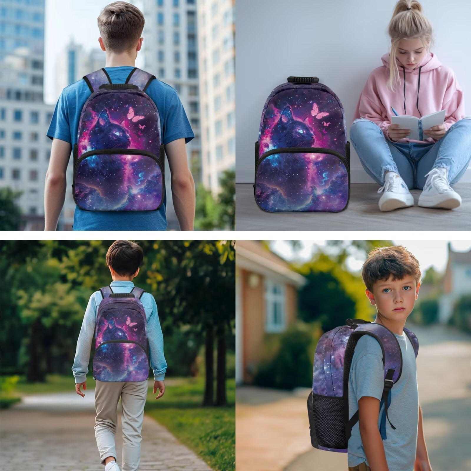 Pzuqiu Galaxy Cat Back Pack for School Girls Set of 4 17 Inch Kids Backpack Lunch Bag with Pencil Box 2pcs Bookmark, Travel Rucksack Camping School Bag for Teens Christmas Gifts