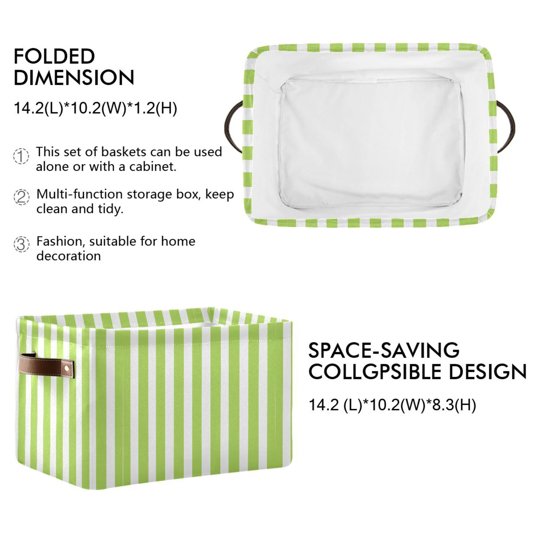2 Pack Storage Bins with Handle Fabric Organizer Basket Foldable Box Apple Green and White Stripes 14.2x10.2x8.3