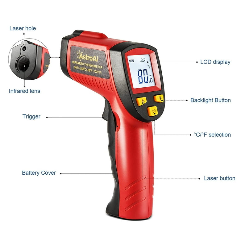 AstroAI Digital Infrared Thermometer 380, Laser Temperature Gun, LCD Screen  -58°F ~ 716°F / -50°C ~ 380°C for Cooking/BBQ/Meat, Red, for Gifts 