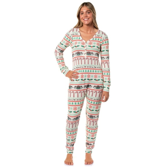 Friends TV Show Women's Christmas Holiday Ugly Sweater Waffle Union Suit One Piece Long Sleeve Footless Sleep Pajamas