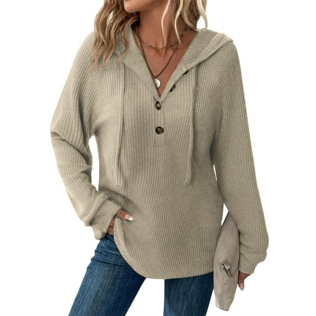 ClodeEU Womens Knit Hooded Sweaters V Neck Button Down Shirt With Drawstring Henley Pullover Tops Khaki Womens Plus XXL