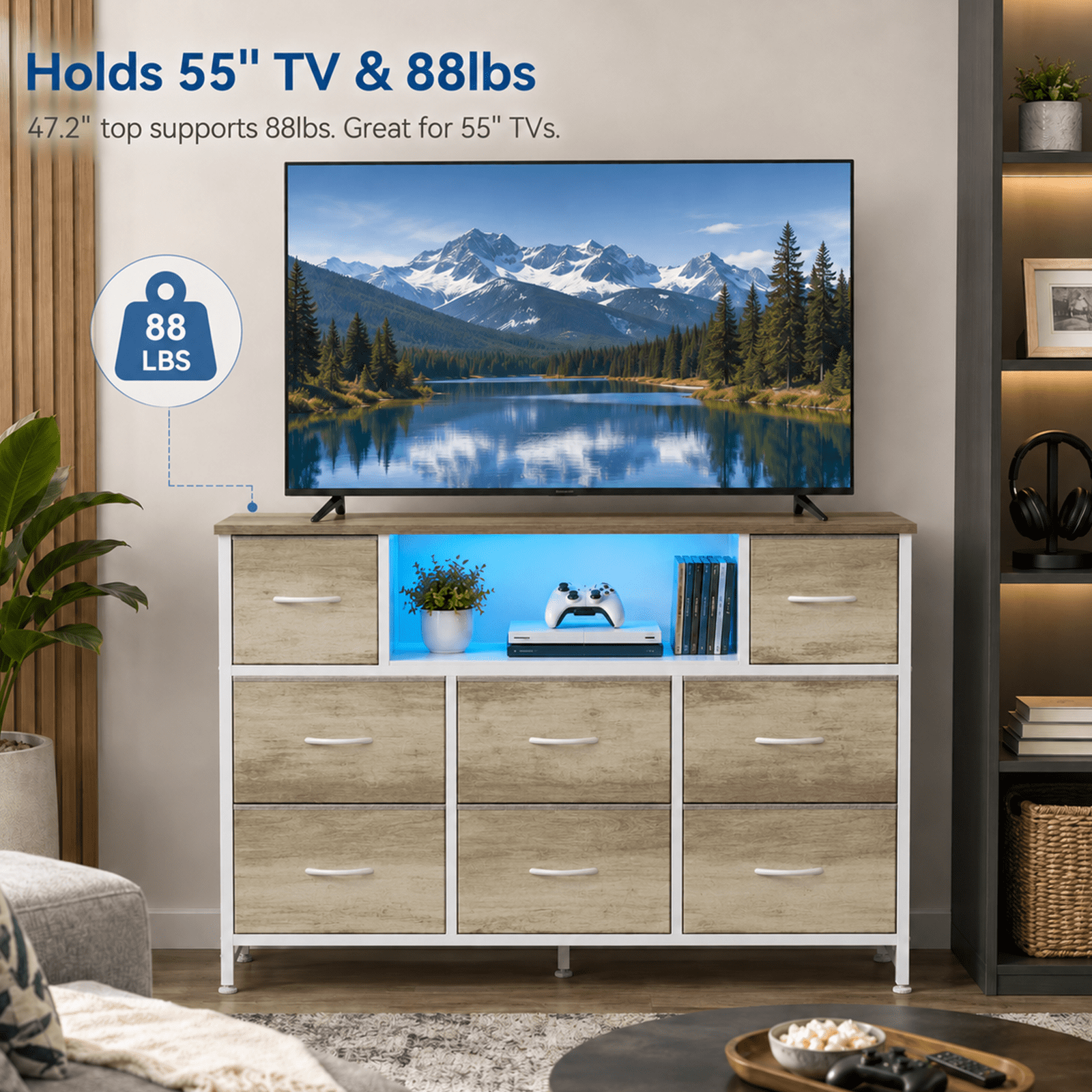 Alvantor Dresser TV Stand for 45, 50, 55 inch TV, Entertainment Center with LED Lights & Charging Station, Chest of Drawers with 8 Fabric Drawers and Open Shelves for Living Room, Hallway, Wood Top