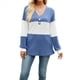 thumbnail image 2 of Camiseta Holgada con Botones y Cuello en V de Larga para Mujer, Otoño e Invierno 2025, con Contraste de Color Color Azul S, 2 of 10