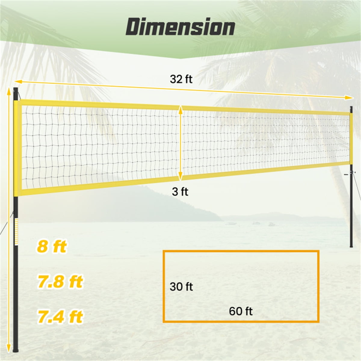 HUJHKIO Heavy Duty Volleyball Net Outdoor with Anti-Sag System, Adjustable Poles, Professional Volleyball Nets Set for Backyard and Beach, Volleyball and Carrying Bag, Yellow