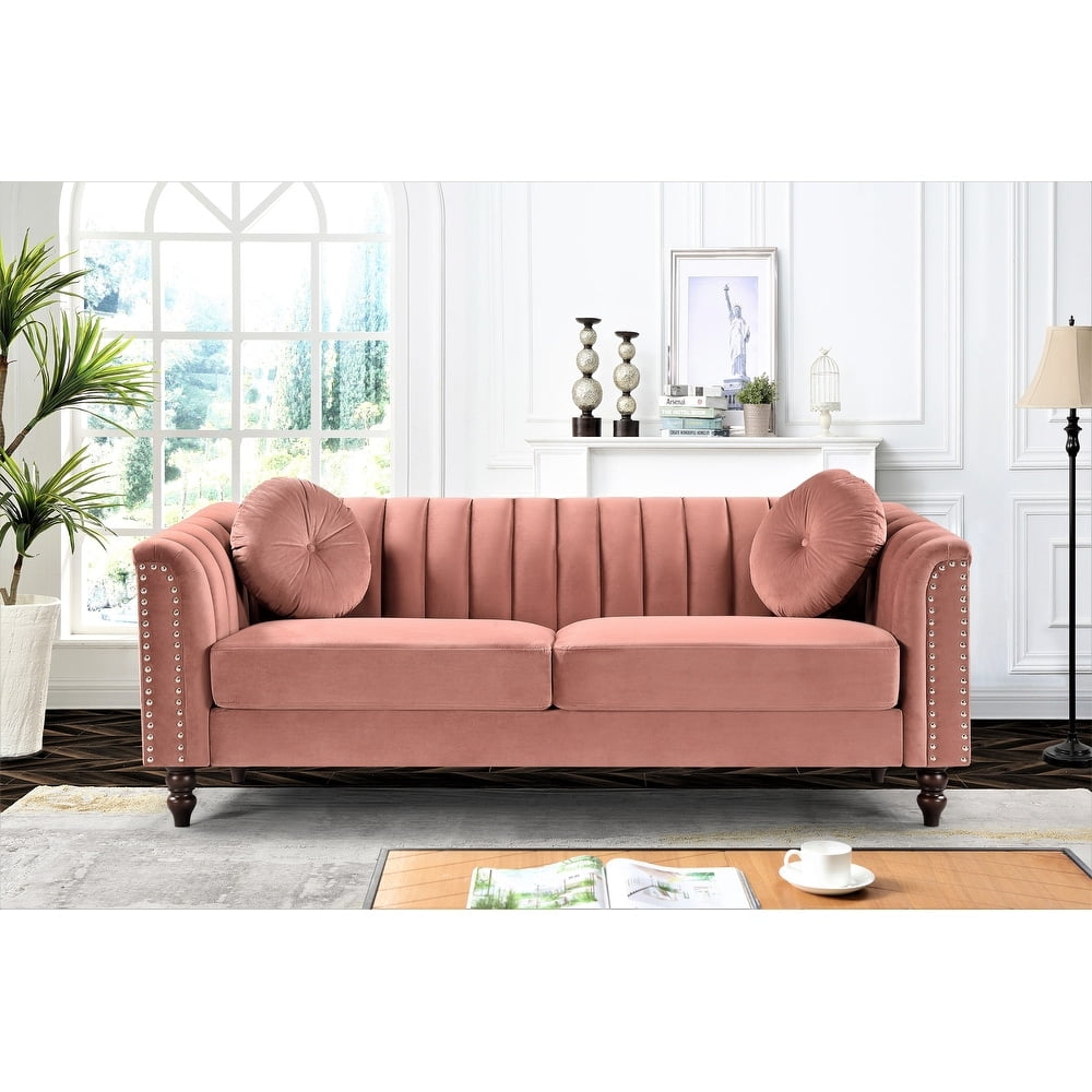 Uspridefurniture Hills Tufted Back Nailhead 75.2" Velvet Sofa, Rose