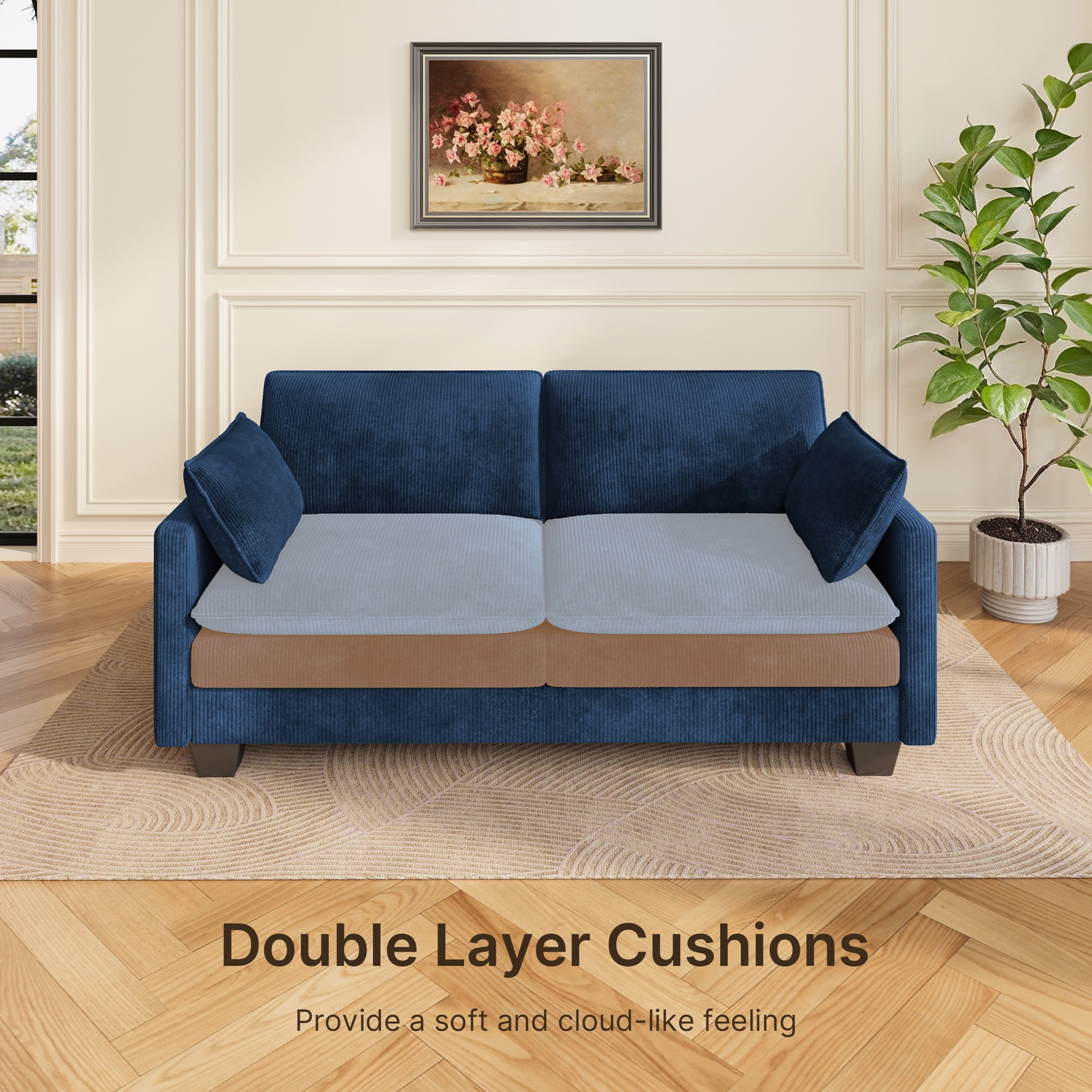 2-Seater Cloud-Like Loveseat Sofa - Double-Layer Upholstered Cushions, Pet-Friendly Corduroy Couch for Bedroom, Living Room & Apartment,Blue