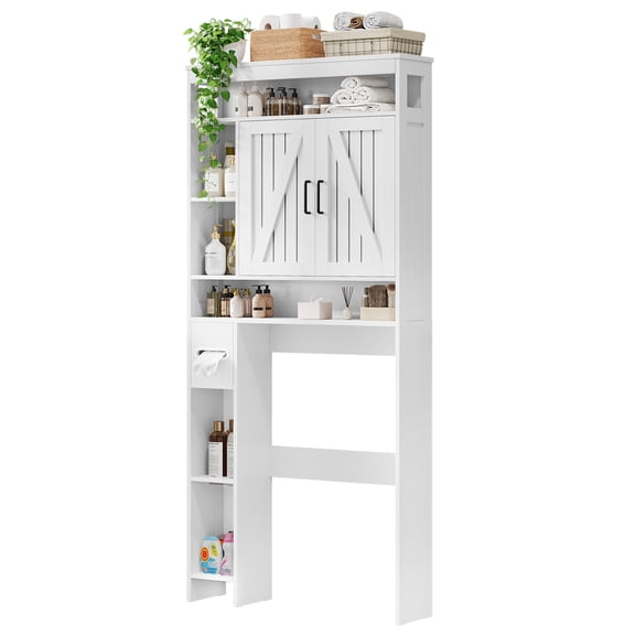 Over the Toilet Storage Cabinet with 2 Barn Doors & Built-In Toilet Paper Holder, Farmhouse Space-Saving Bathroom Storage, White