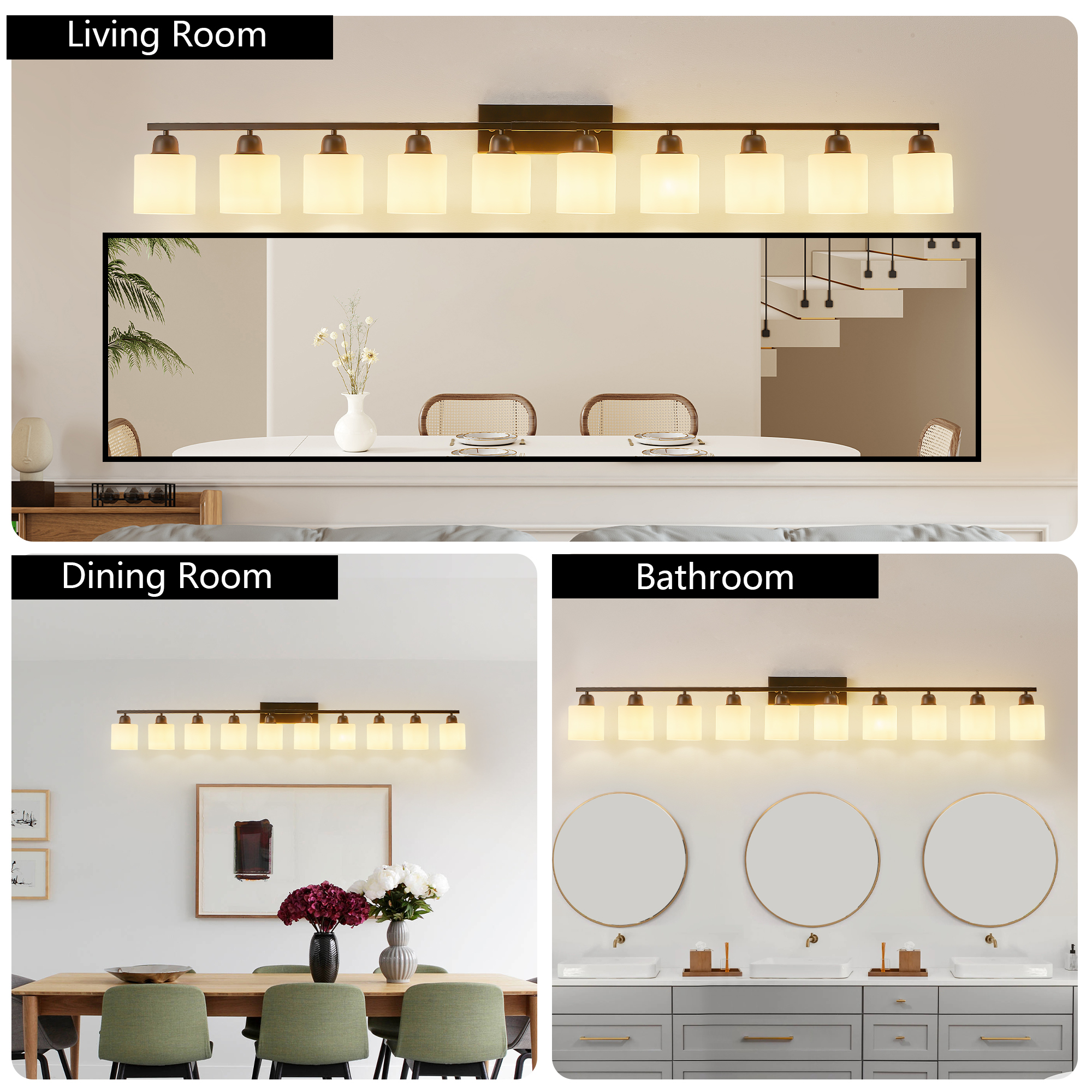 Leumius 10-Light Bathroom Vanity Light Fixture, Modern Vanity Light Over Mirror, Wall Sconces with Milky White Frosted Glass Shades for Mirror, Bathroom, Bedroom and Hallway Black (No Bulbs)