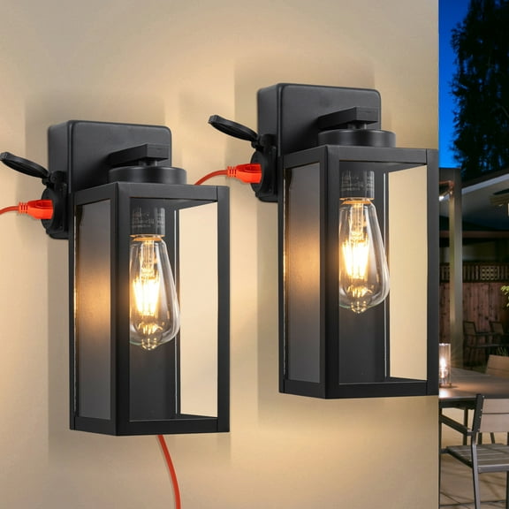 C Cattleya 2-Pack 12.5in. Matte Black Outdoor Wall Lantern Sconce with Built-in Outlet