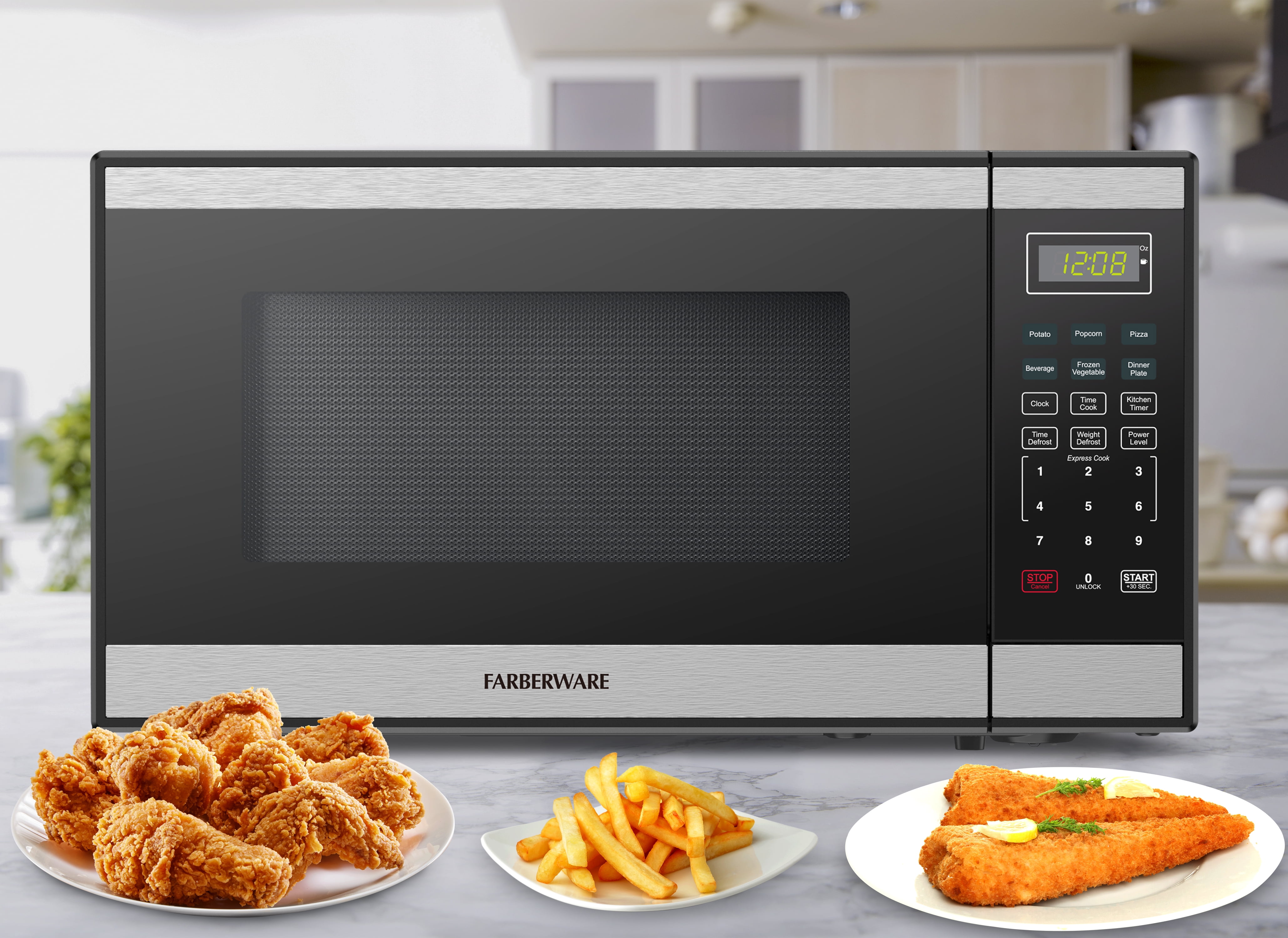Farberware 1.1 Cu. Ft. Black & Stainless Steel Countertop Microwave – 1000W Power, Auto Cook Settings, Defrost, and Safety Lock