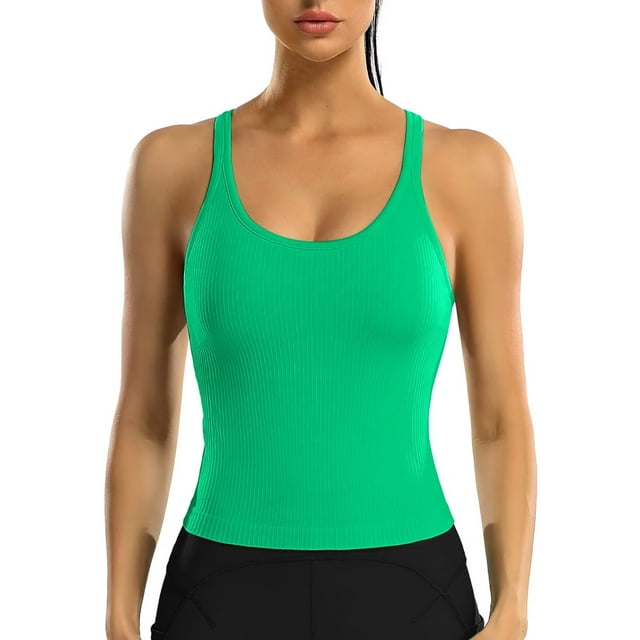 Charmo Women's Scoop Neck Ribbed Tank Tops Slim Straps Cropped Tops Built in Bra