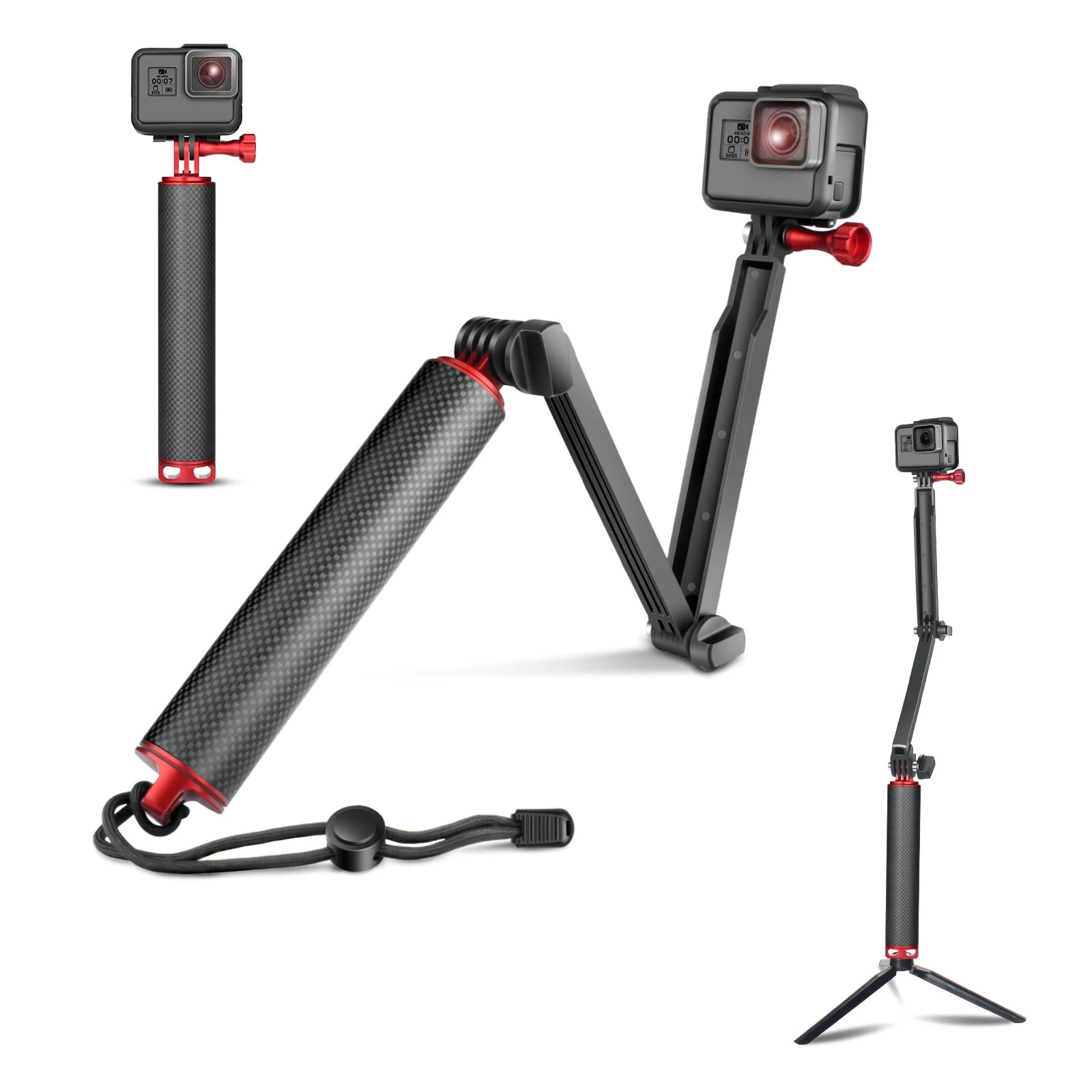 3in1 Floating Carbon Fiber Selfie Stick Pole Hand Grip With Tripod