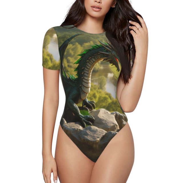 Fotbe Deep Forest Stone Green Dragon Body de Mujer con Cuello Redondo y Mangas Cortas, Sin Mangas Ajustado, Suave, Cómodo y Básico-X-Large