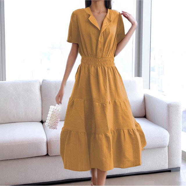 WILLBEST Vestidos Largos Casuales Para Mujer Verano 2025 Vestidos Casuales Midi Maxi Vestidos Ligeros Manga Corta Cuello En V Cintura Elástica Vestido De Playa Bohemio Bolsillos