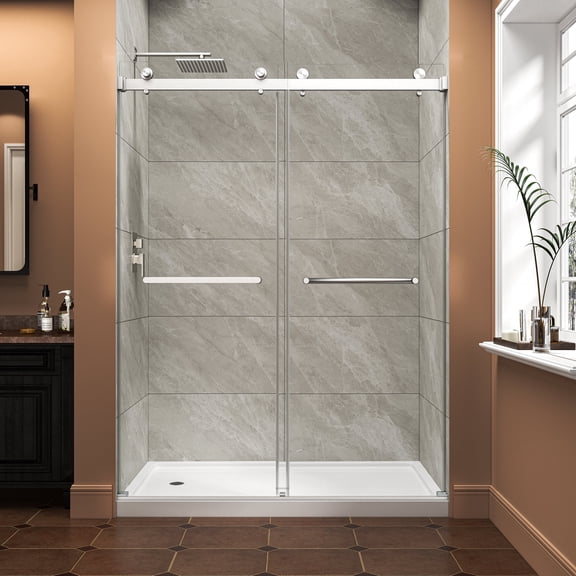 KPUY 55" - 60“ x 76" Frameless Double Bypass Sliding Shower Door with 5/16'' Clear Tempered Glass, Nano Explosion-Proof Film, Double Handle, Brushed Nickel