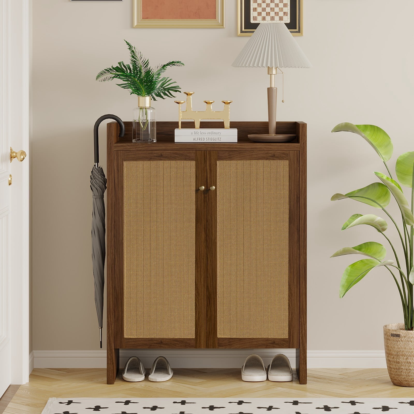 42.5" Tall Rattan Shoe Cabinet with Doors, 6-Tier Wooden Shoe Storage Organizer with Adjustable Shelves for Entryway Hallway, Walnut
