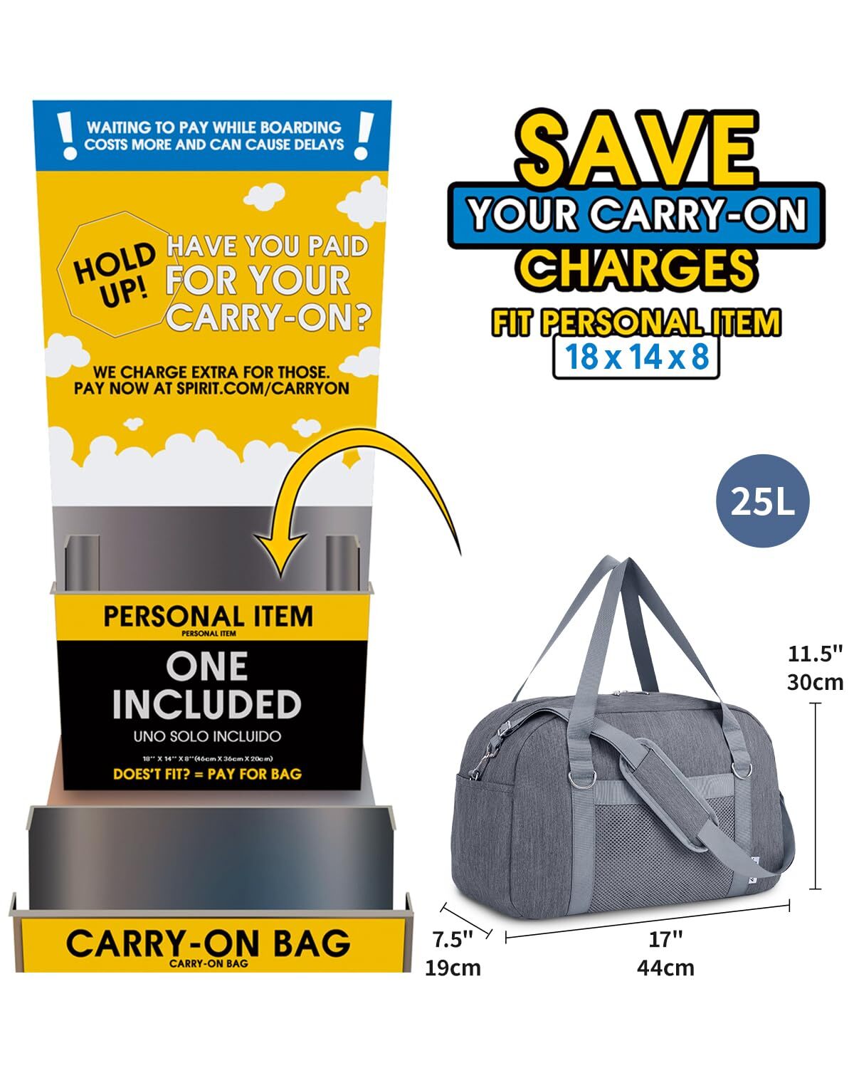 Underseat Bag Weekender Travel Duffel Tote with Adjustable Shoulder Straps for Spirit Airlines Personal Item Bag 18x14x8 for Gym Overnight, Grey