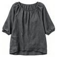 thumbnail image 4 of Craaazy Womens 3/4 Sleeve Blouses Basic Solid Color Round Neck Gathered Neck Elastic Cuff Linen Look Casual Pullover Top for Women Spring Summer Daily Wear, 4 of 6