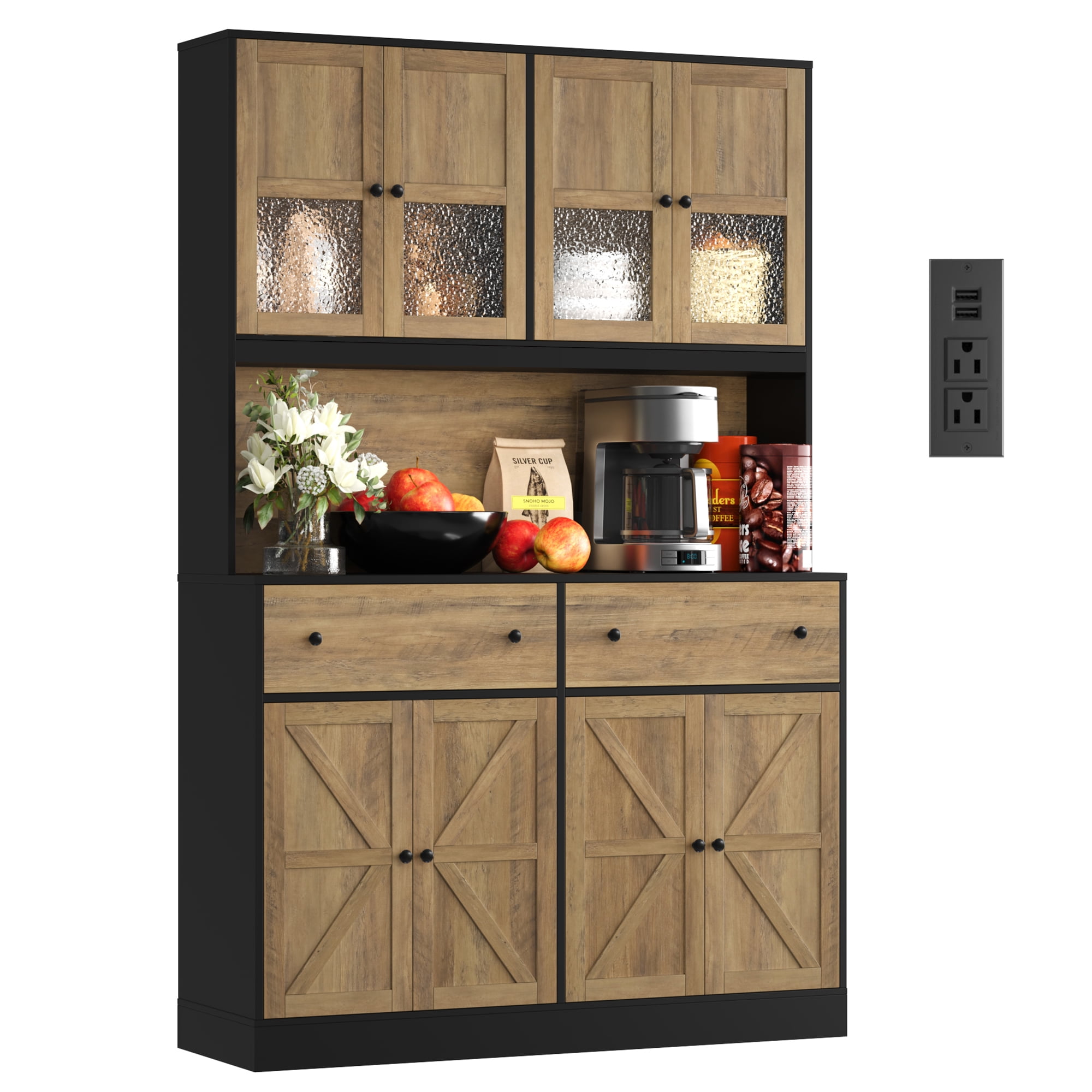 Homfa 71" Tall Kitchen Pantry Cabinet with LED Lights & Charging Station, MDF Freestanding Storage Cupboard with 8 Doors 2 Drawers, Buffet Cabinet with Storage for Dining Living Room, Black & Oak