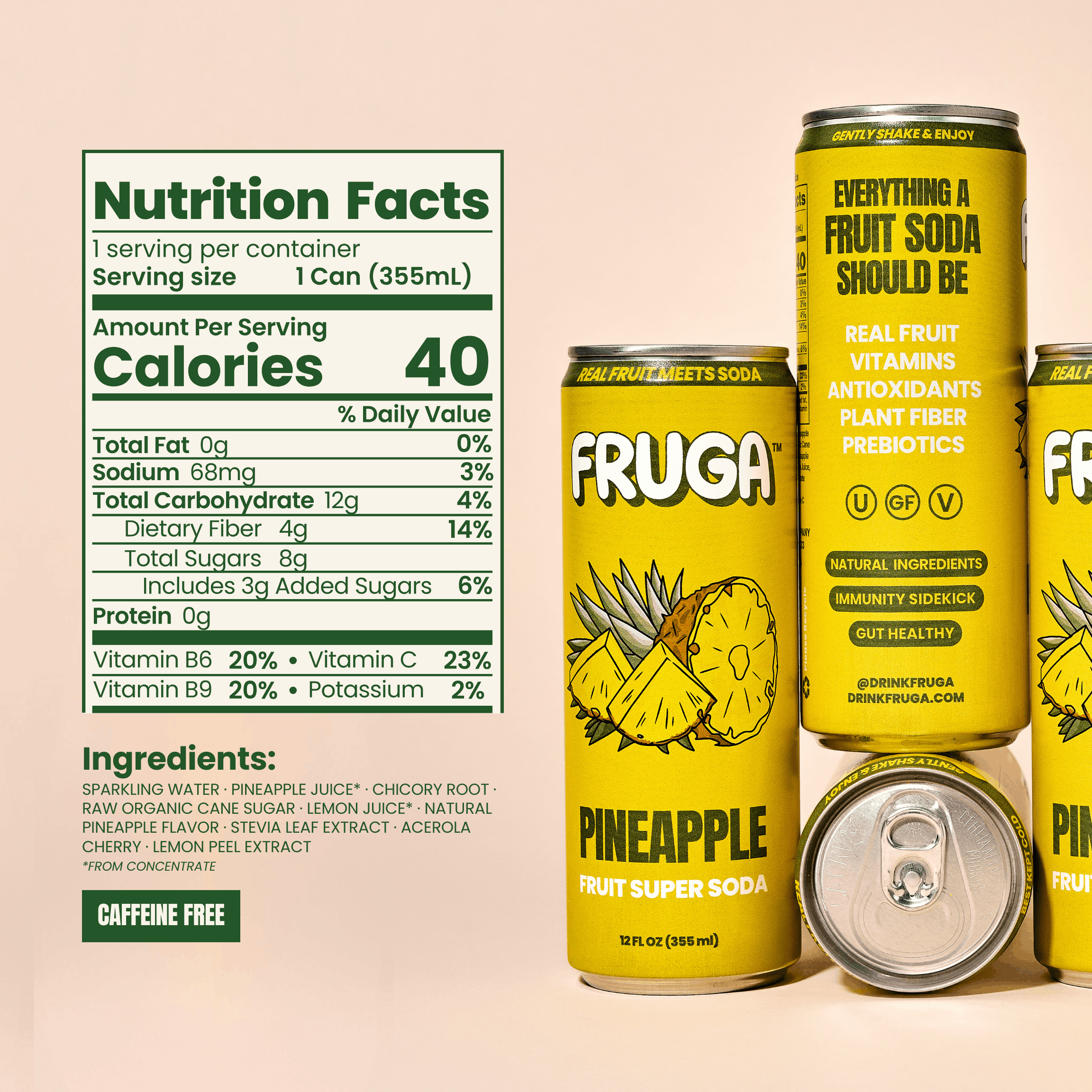 FRUGA Pineapple Sparkling Fruit Super Soda | Prebiotic Soda, Low Calorie, Healthy Soda Benefits and Vitamin Boost