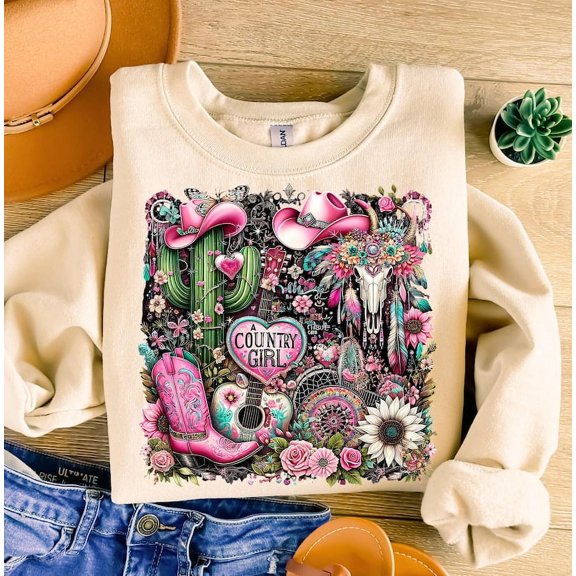 Country Cowgirl Sweatshirt, Retro Western Cow Skull Shirt, Pink Cowgirl Boots Crewneck, Boho Country Girl Gift
