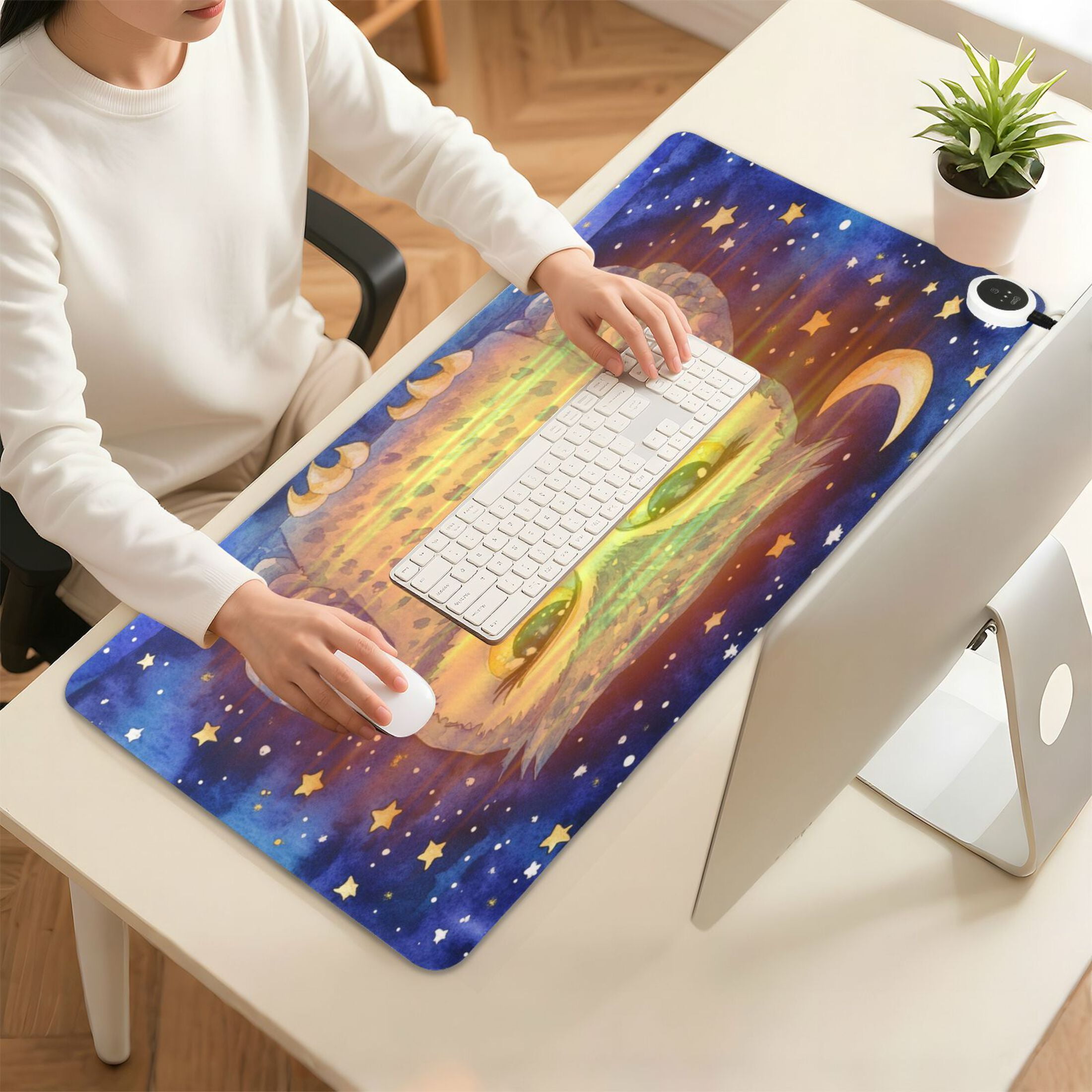 Wobogo Blue Starry Owl Heated Mouse Pad Extra-Large Desk Mat With 3 Heating Levels and 3-hour Auto Shut-Off Protection Ideal for Computer Keyboards Home Office Hand-warming Essential 31.5in × 13in