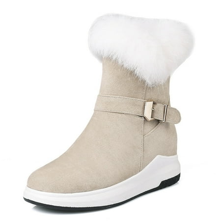 

Fashion Buckle Decoration Plush Lining Stacked Heel Booties Shoes 41 Beige