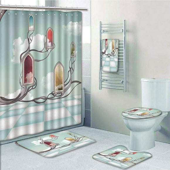 EREHome Magical Colored Mirrors Over Tree Branch Clouds Dream Room of Sky Surreal Unusual Work 5 Piece Bathroom Set Shower Curtain Bath Towel Bath Rug Contour Mat and Toilet Lid Cover